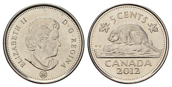 Канада 5 центов 2012 Leaf, Елизавета II (1952-2022), бобр KM 491 сталь плакированная никелем 4689-529