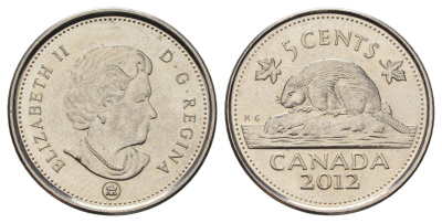 Канада 5 центов 2012 Leaf, Елизавета II (1952-2022), бобр KM 491 сталь плакированная никелем 4689-529