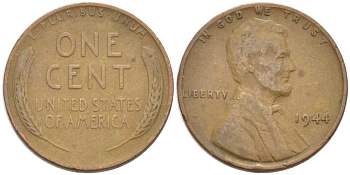 США 1 ЦЕНТ 1944 ЛИНКОЛЬН KM А132 медь цинк 3309-521