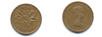 Канада 1 цент 1964 Елизавета II (1952-2022), кленовый лист KM 49 бронза 177-1329