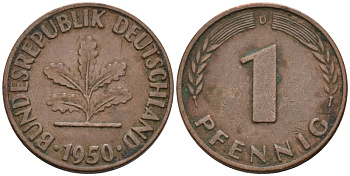 ФРГ 1 ПФЕННИГ 1950 D KM 105, J.380 сталь плакированная медью 4567-861