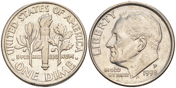 США 10 ЦЕНТОВ = 1 ДАЙМ 1998 P, РУЗВЕЛЬТ KM 195a медь плакированная медно-никелем 187-1119