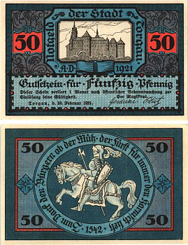 ТОРГАУ 50 ПФЕННИГОВ 1921 НОТГЕЛЬД, 10 ФЕВРАЛЯ 1921 ДЕЙСТВИТЕЛЕН НА 1 МЕСЯЦ, ЗЕМЛЯ САКСОНИЯ Grabowski 1331.3a бумага 8608-3-1-1