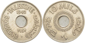 Израиль, Палестина 10 милсов 1942 Британская администрация, редкий год KM 4 медно-никель 4185-1233