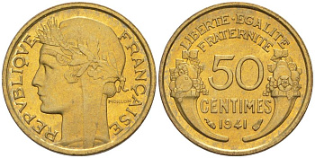 ФРАНЦИЯ 50 САНТИМОВ 1941 ТИП MORLON KM 894.1, LE FRANC 192.18 алюминиевая бронза 44-411