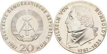 ГДР 20 марок 1967 A, 200 лет со дня рождения Вильгельма фон Гумбольдта, ошибочный гурт "20 MARK*20 MARK*20 MARK*20 MARK" KM 18.2, J. 1520F1 серебро UNC 00-820-52