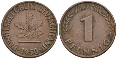 ФРГ 1 ПФЕННИГ 1950 D KM 105, J.380 сталь плакированная медью 4567-861