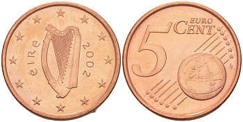ИРЛАНДИЯ 5 ЕВРОЦЕНТОВ 2002 KM 34 сталь плакированная медью UNC 214-254