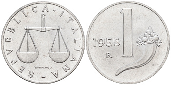 Италия 1 лира 1955 R, весы KM 91 алюминий  UNC  4594-743