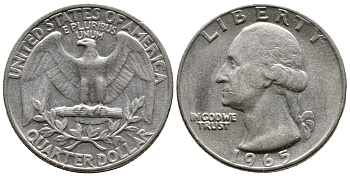 США 25 центов (квотер) 1965 Вашингтон KM 164а медь плакированная медно-никелем 4382-1242