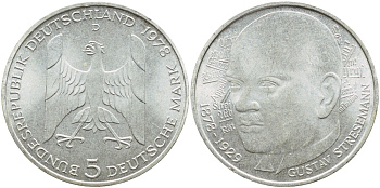 ФРГ 5 МАРОК 1978 D, 100 ЛЕТ СО ДНЯ РОЖДЕНИЯ ГУСТАВА ШТРЕЗЕМАНА KM 147, J. 422 серебро UNC 4394-114