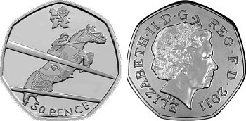 Великобритания 50 пенсов 2011 XXX летние Олимпийские игры в Лондоне в 2012 году, конный спорт, в оригинальном картонном буклете, с Олимпийской голограммой (10/29) KM 1176 медно-никель  UNC  3-6-6-11