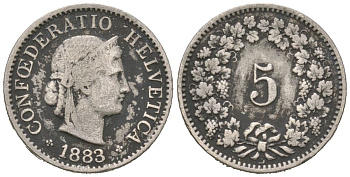 Швейцария 5 раппенов 1883 B KM 26 медно-никель 37-247