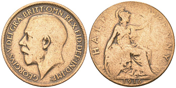 Великобритания 1/2 пенни 1916 Георг V (1910-1936) KM 809, Spink 4056 бронза 4616-732