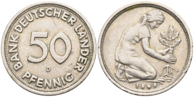 ФРГ 50 пфеннигов 1949 D KM 104, J. 379 медно-никель 4132-1153