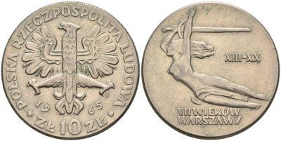 Польша 10 злотых 1965 700 лет Варшаве, богиня победы Ника с мечем KM 54 медно-никель 4572-415