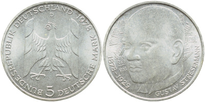ФРГ 5 марок 1978 D, 200 лет со дня рождения Густава Штреземана J. 422, KM 147 серебро UNC 4394-114