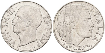 ИТАЛИЯ 20 ЧЕНТЕЗИМО 1941 R, ГОД XIX, ВИКТОР ЭММАНУИЛ III (1900-1946) KM 75b, VEM3. 1028 нержавеющая сталь 3853-744