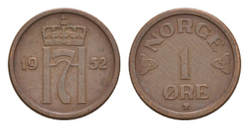 Норвегия 1 эре 1952 Хокон VII (1905-1957) KM 398 бронза 4632-1063