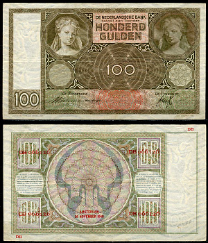 Нидерланды 100 гульденов 1940 Амстердам, 26 ноября 1940 Pick 51b бумага 451-25-1