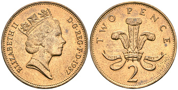 Великобритания 2 пенса 1987 Елизавета II (1952-2022) KM 936, Spink 4376 (C3) бронза 4607-746