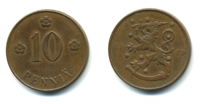 Финляндия 10 пенни 1919 KM 24 медь 41-215