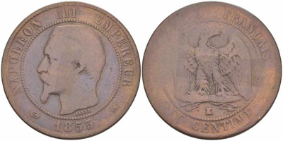 ФРАНЦИЯ 10 САНТИМОВ 1855 K, НАПОЛЕОН III (1852-1870) KM 771.5, LE FRANC 133.27 бронза 38-1114