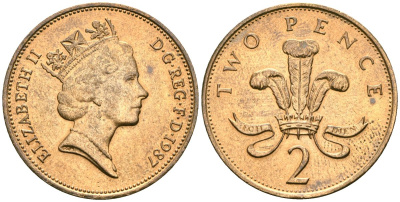 Великобритания 2 пенса 1987 Елизавета II (1952-2022) KM 936, Spink 4376 (C3) бронза 4607-746