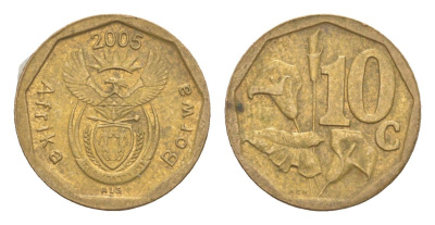 ЮАР 10 центов 2005 герб, цветок алоэ KM 292 сталь плакированная бронзой 4621-1057