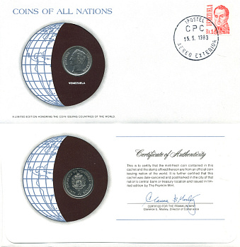 Венесуэла 1 боливар 1977 Симон Боливар конверт с маркой первого дня гашения, Coins of Nations KM 52 никель UNC 4294-75-3