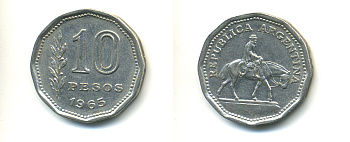 Аргентина 10 песо 1965 Гаучо KM 60 никелированная сталь 86-1031