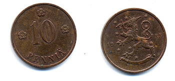 Финляндия 10 пенни 1935 республика (1918-1962) KM 24 медь 51-5512