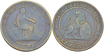 Испания 10 сентимо 1870 ОМ, лев со щитом KM 663 (Y54) медь 180-1216