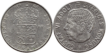 Швеция 1 крона 1968 Густав VI Адольф (1950-1973) KM 826a медь плакированная медно-никелем 4388-151