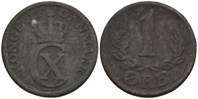 Дания 1 эре 1943 N; S, Кристиан X (1912-1947) KM 832 цинк 4154-1162