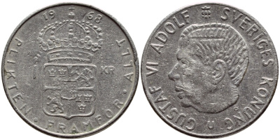Швеция 1 крона 1968 Густав VI Адольф (1950-1973) KM 826a медь плакированная медно-никелем 4388-151