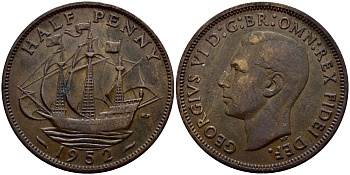 Великобритания 1/2 пенни 1952 Георг VI (1936-1952) KM 868, Spink 4118 бронза 3459-157
