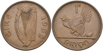 Ирландия 1 пенни 1962 курица с цыплятами KM 11 бронза 88-841