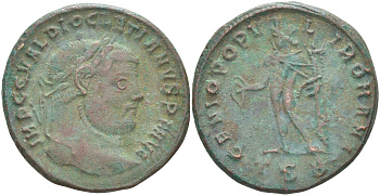 Римская Империя нуммий 300 - 301 Диоклетиан, бюст императора, IMP C C VAL DIOCLETIANVS P F AVG / Гений Римского народа, GENIO POPVLI ROMANI TSВ, Фессалоника RIC 21а биллон 1073-23-42