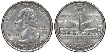 США 25 центов (квотер) 2007 D, серия штаты США, Юта KM 400 медь плакированная медно-никелем 4541-327