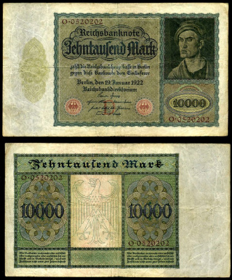 Германия 10000 марок 1922 Альбрехт Дюрер, серия О, литера D Pick 70, Розенберг 68а бумага 8618-34-1-2