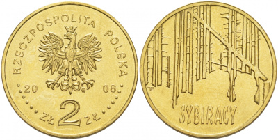 Польша 2 злотых 2008 сибирские ссыльные (сибирские леса) KM 638 латунь UNC 69-1125