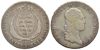 САКСОНИЯ 2/3 ТАЛЕРА 1817 I.G.S. ФРИДРИХ АВГУСТ I (1806-1827) KM 1052, Jaeger 21, AKS 32, Kahnt 413 серебро 413-4914