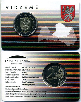 Латвия 2 евро 2016 исторические области Латвии - Видземе, запайка, буклет KM 176 биметалл BUNC 00-000-00