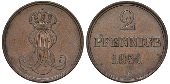 Ганновер 2 пфеннига 1851 B, Эрнст Август (1837-1851) KM 202.1, AKS 124, J. 75 медь 72-414