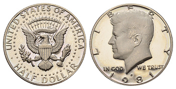 США 1/2 доллара (50 центов) 1981 S, Джон Кеннеди KM A202b медь плакированная медно-никелем PROOF 1524-623