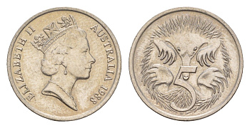 Австралия 5 центов 1988 Елизавета II (1952-2022), ехидна KM 80 медно-никель 4658-114