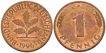 ФРГ 1 пфенниг 1996 D KM 105, J.380 сталь плакированная медью 4602-818
