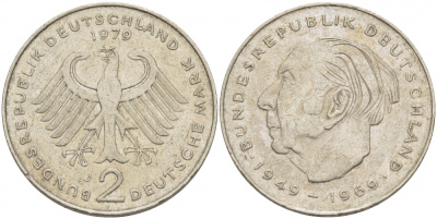 ФРГ 2 МАРКИ 1979 J, ТЕОДОР ХОЙС KM 127, J. 407 медно-никель плакированный никелем 3718-1023