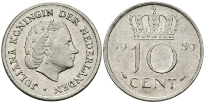 НИДЕРЛАНДЫ 10 ЦЕНТОВ 1959 ЮЛИАНА KM 182 никель 96-347